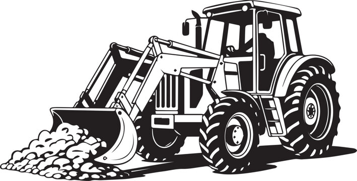 Black and white tractor with a front loader isolated on transparent background, Vector, illustration