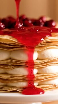 Cinematic View Of Mille Crepes Crepe Cake With Many Thin Layers Of Crepe And Cream With Sauce Pouring Over Top