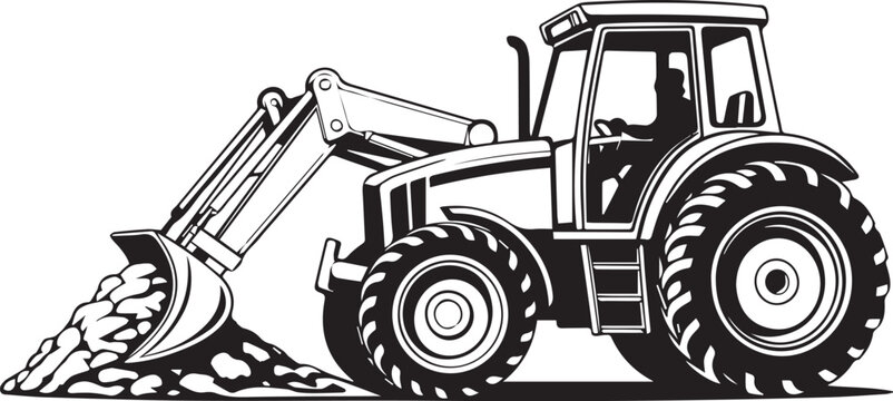 Black and white tractor with a front loader isolated on transparent background, Vector, illustration