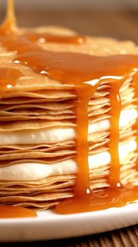 Premium Shot Of Mille Crepes Crepe Cake With Many Thin Layers Of Crepe And Cream With Sauce Pouring Over Top
