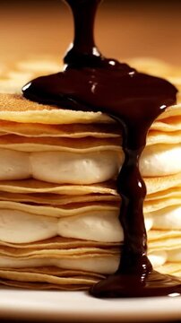 Detailed Close Up Of Mille Crepes Crepe Cake With Many Thin Layers Of Crepe And Cream With Sauce Pouring Over Top