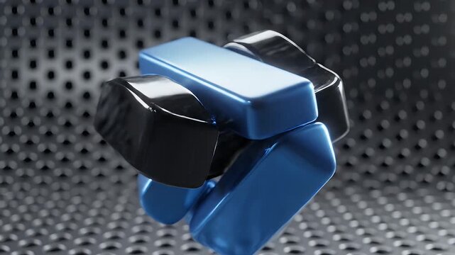 Abstract interlocking shapes in blue and black on a textured background.