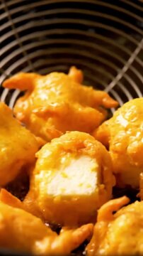 Detailed Close Up Of Paneer Cheese Cube Dipping In Gram Flour Batter Frying To Golden Crust With Soft Cheese Inside In Warm Indian Snack Lighting Traditional South Asian Food