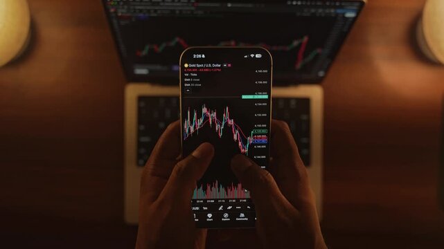 Trader Analyzing Stock Market Charts on Smartphone Through Brokerage App