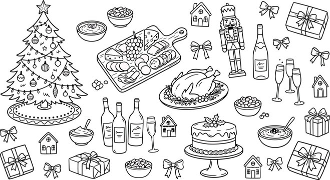 Hand drawn christmas set with tree, gifts, food, wine, nutcracker and houses isolated on white background