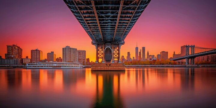 Symmetrical city skyline beneath bridge at sunset with calm reflections.

