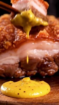 Macro Shot Of Siu Yuk Crispy Pork Belly Skin With Crackling Texture Layers Of Fat And Meat Ready To Serve