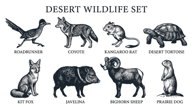 Desert wildlife illustrations featuring various animals on a white background