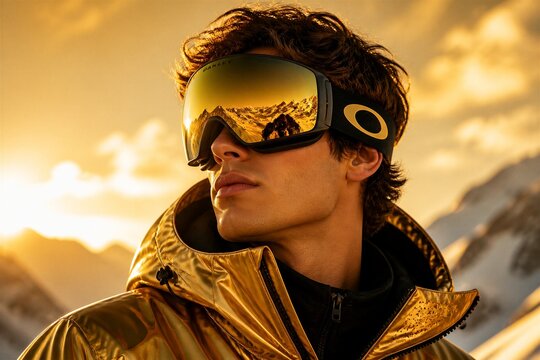 Man wearing ski goggles on snowy mountain slope at sunset