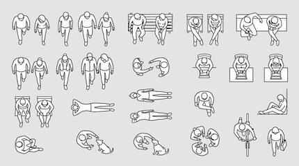 Set of top view isometric people in various poses, walking, sitting, lying down, interacting with pets and bicycles, flat vector illustration © SampaRani