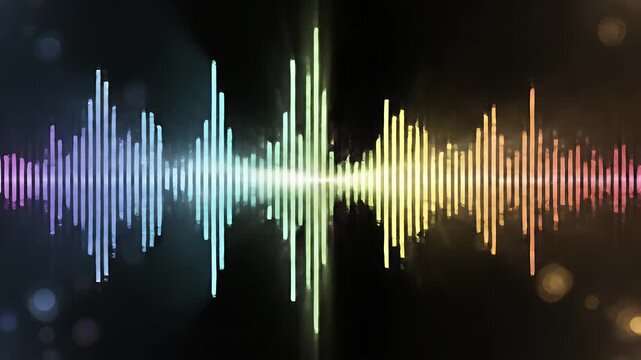 A vibrant sound wave equalizer displays a spectrum of colors against a dark background with bokeh lights.