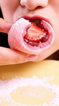 Cinematic View Of Soft Pink Strawberry Mochi With Powdered Surface And Fresh Strawberry Center Revealed When Bitten Into