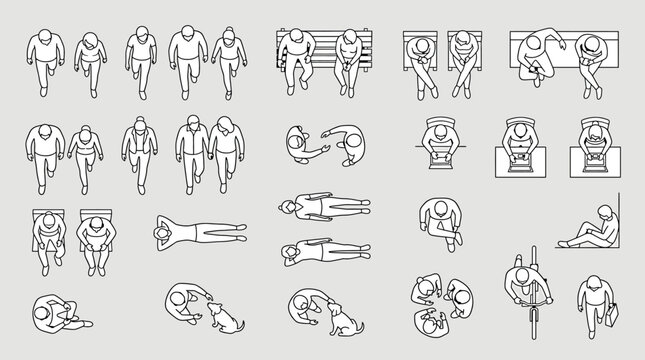 Set of top view isometric people in various poses, walking, sitting, lying down, interacting with pets and bicycles, flat vector illustration