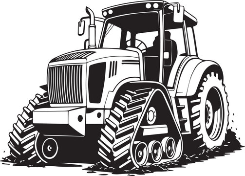 Black and white tractor with tracks isolated on transparent background, Vector, illustration