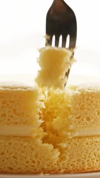 Macro Shot Of Pressing A Fork Into A Fluffy Chiffon Cake With Sponge Bouncing Back And Airy Texture