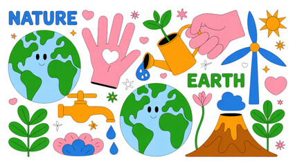 Naklejka premium Colorful nature and earth day illustration with hands holding globe and plants Vector