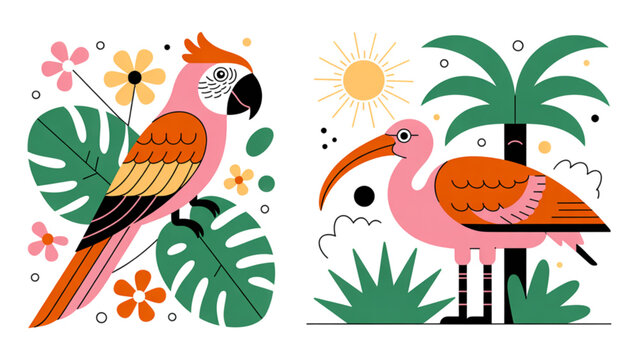 Colorful tropical birds and plants illustration with flamingo and parrots in a vibrant setting Vector