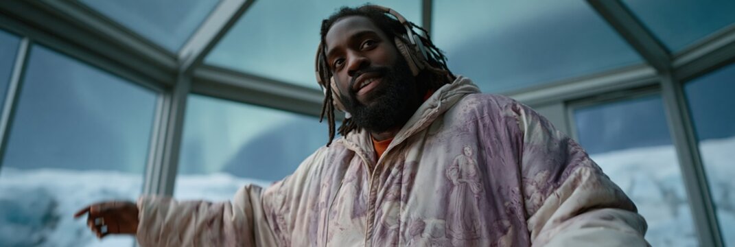 Young man smiling in oversized coat inside polar glass dome