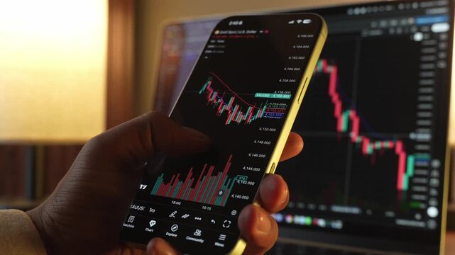 Trader Analyzing Stock Market Charts on Smartphone Through Brokerage App