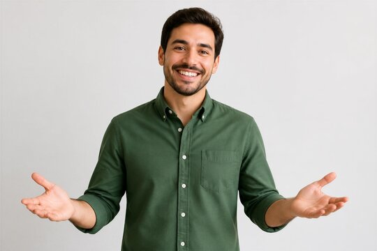 Man smiling with open hands in neutral studio background