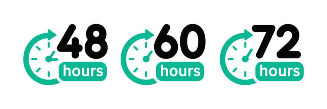 Hour timer icons, clock face indicators showing 48, 60 and 72 hours for duration tracking, planning and productivity. Vector illustration.