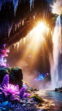Cinematic View Of Magical Glowing Forest With Luminous Flowers Sparkling Waterfalls And A Large Illuminated Cave Entrance Fantasy Dreamscape