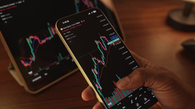 Trader Analyzing Stock Market Charts on Smartphone Through Brokerage App