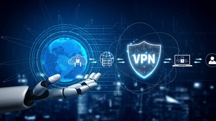 Fototapeta premium AI improves VPN by monitoring traffic, detecting risks, encrypting sessions, and optimizing routing to ensure private, secure, and efficient network access. Marrow