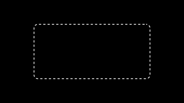 Dotted line rectangle frame animation on black background. of a dotted line path from left to right point. animation