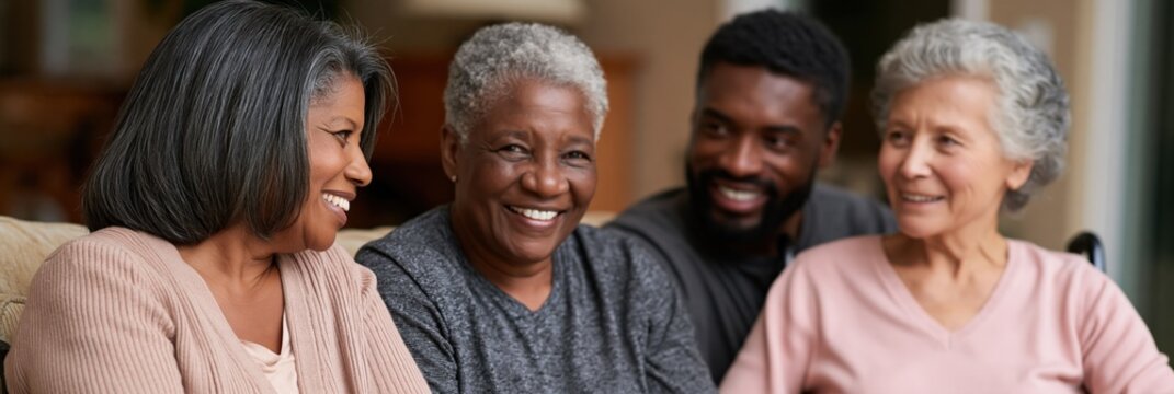 Group of older adults chatting together in home living room