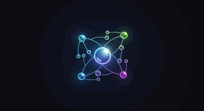 Futuristic Abstract Atomic Molecule Structure with Glowing Blue and Purple Spheres