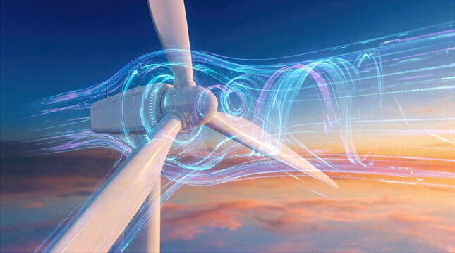 Wind turbine blades spin against a sunset sky as airflow streams across the rotor. Renewable energy production and sustainable power generation drive clean electricity for a green future