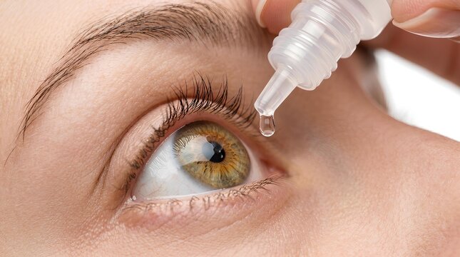 Close-up of a person applying hydrating eye drops into a green eye using a plastic dropper bottle