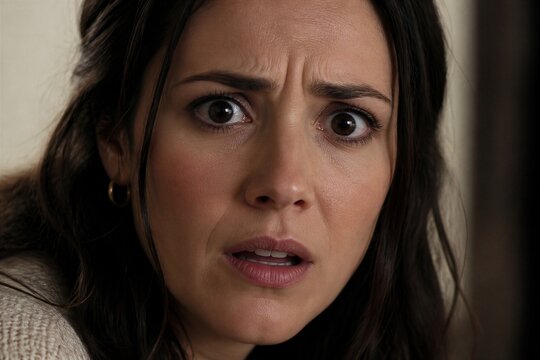 Young woman showing startled expression in indoor closeup