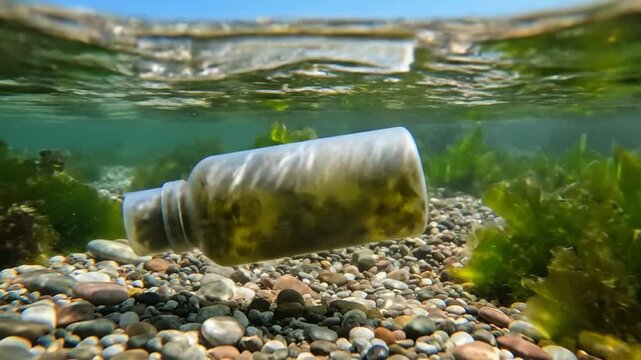 Translucent Unbranded Serum Bottle Made From Seaweed Floating Underwater Amongst Pebbles And Aquatic Plants For Eco-Friendly Skincare Packaging
