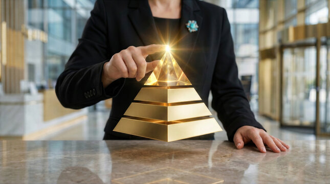 Professional in formal suit touching the glowing top a golden layered pyramid in a modern office lobby. Business hierarchy, leadership strategy, growth and success structure for corporate management