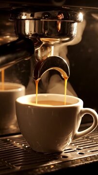 Macro View Of Modern Coffee Machine Brewing Espresso With Steam Rising Dramatically Sleek Appliance