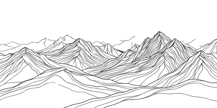Black and white hand drawn sketch of a mountain range landscape