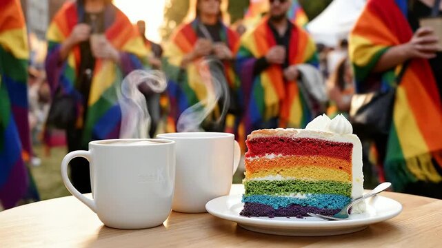 Vibrant Cafe Table Scene At Pride Festival With Rainbow Cake And Steaming Coffee Cups Celebrating Diversity And Community