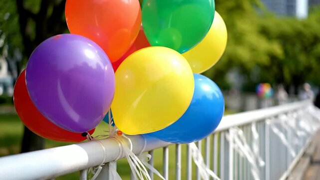 Vibrant Cluster Of Rainbow-Colored Balloons Tied To A White Railing Surrounded By Lush Greenery Ideal For Celebrations And Cheery Decoration