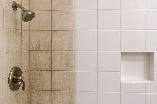 Shower tiles showing dirty and cleaned tile surfaces in bathroom
