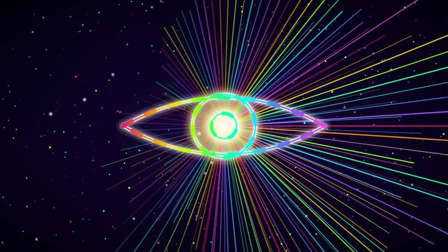Neon psychedelic eye abstract animation with radiant light rays and digital particles spiritual