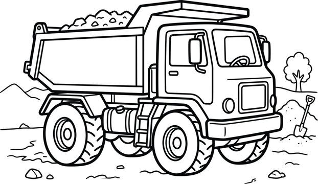 Black and white cartoon dump truck carrying dirt with a shovel in a pile of dirt heavy equipment construction
