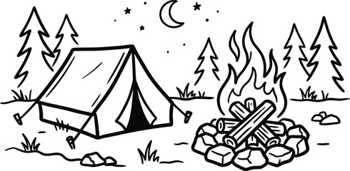 Fototapeta premium Black and white of a tent and campfire under a crescent moon and stars camping night