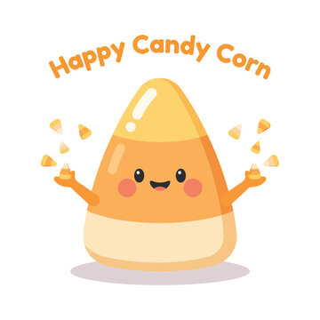 Cute cartoon candy corn character with smiling face, pink cheeks, and arms raised, surrounded by floating small candy corn pieces