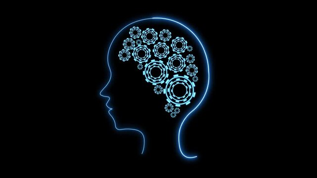 Human head animation draws blue thinking gear shapes. Advanced human head animation maps artificial intelligence brains. Medical human head animation details mental thoughts.