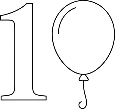 Black outline number 10 next to a balloon on white background numeral digit