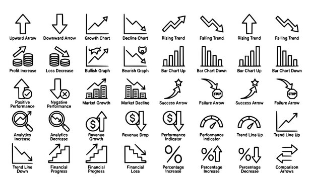 Increase and Decrease Growth Decline Up Down Thin Line Icons Vector Collection