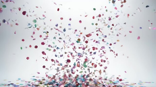 A colorful explosion of confetti against a white background.