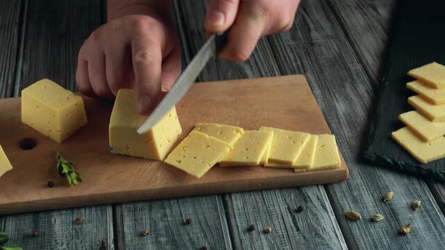 Hands slicing yellow cheese into cubes and thin slices on a wooden cutting board with herbs and spices scattered on a rustic kitchen table